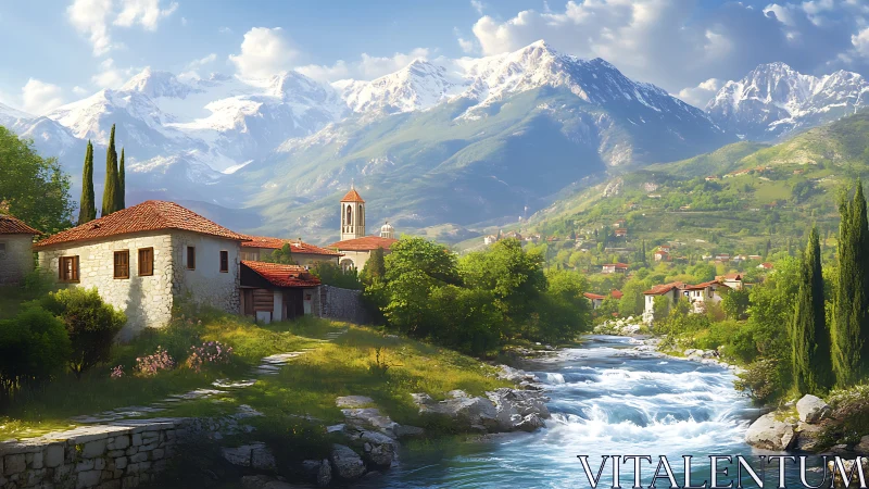 Sunlit riverside village rests beneath majestic alpine peaks