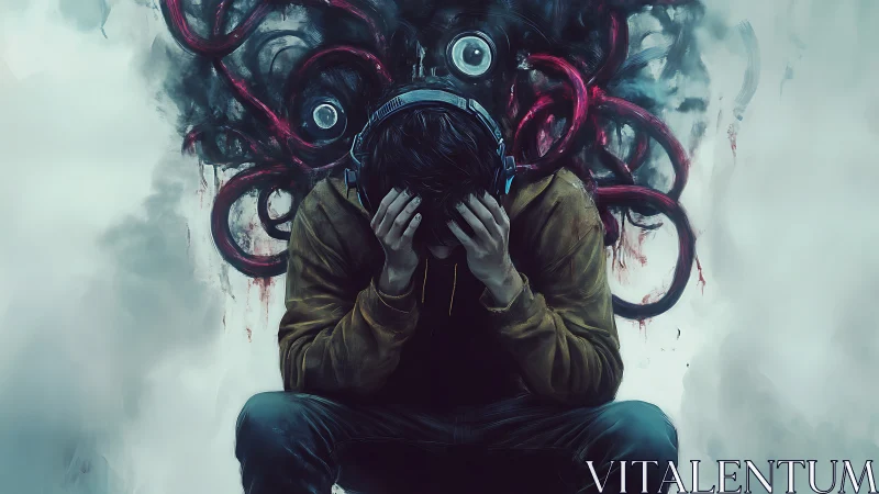 Hooded figure battles monstrous thoughts in swirling fog