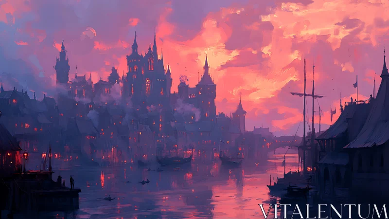 Twilight fantasy harbor city under glowing magenta skies.