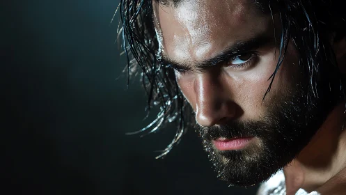 Intense wet portrait captures fierce male gaze in shadow
