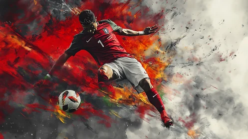 Crimson comet of football slices through a storm of paint