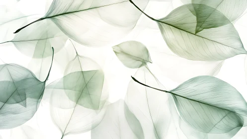 Transparent overlapping green leaves on white background.