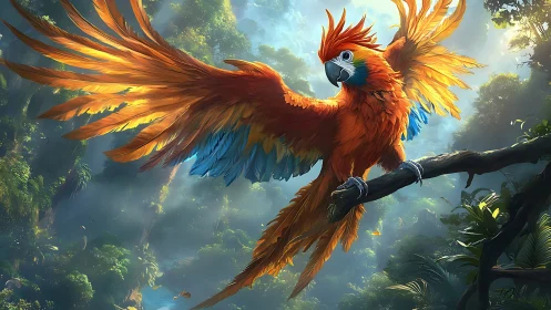 Vibrant Scarlet Macaw Spreads Wings in Lush Digital Rainforest Art.