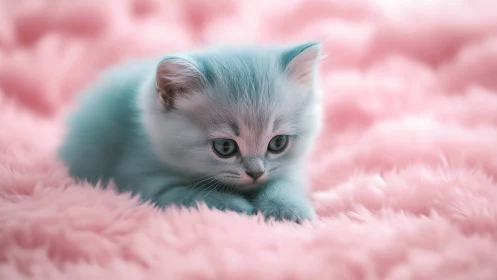 Pale kitten rests on plush pink fabric with tranquil gaze.