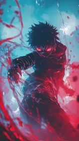 Crimson stormcaster unleashing neon fury in frozen sky.