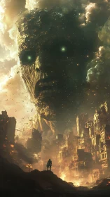Colossal humanoid face over ruined cityscape in clouds.