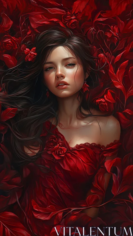 Young woman lies amid dense red foliage and floral forms