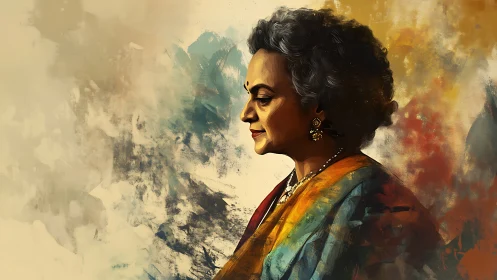 Portrait of Elderly Woman in Sari, Abstract Watercolor Style.