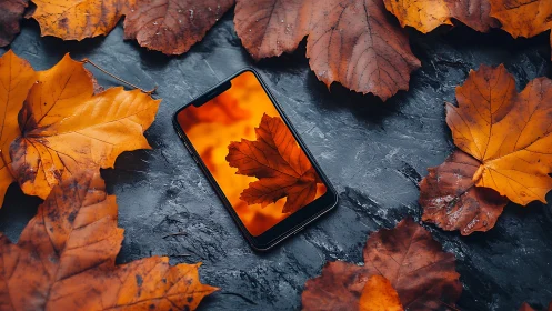 Smartphone with autumn leaf reflection on slate background
