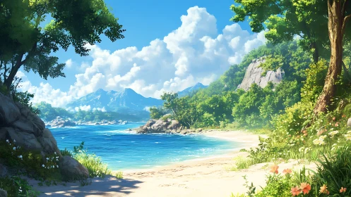 Tropical Coastal Paradise: Mountain-Framed Beach with Luminous Ocean.