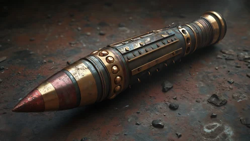 Steampunk rocket drill prop with worn brass rivets