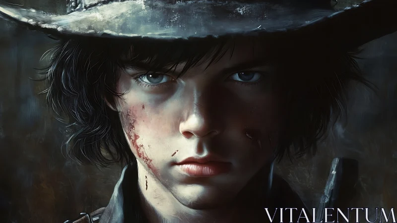 Battle-worn youth stares ahead with steely frontier resolve