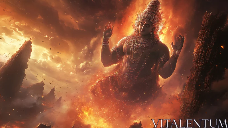 Firelit cosmic deity rising from molten ruins at dusk.