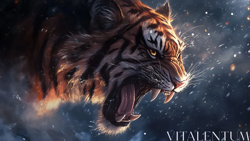Fierce tiger roars through swirling snow with wild intensity