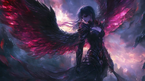 Dark winged warrior in glowing crimson storm sky.