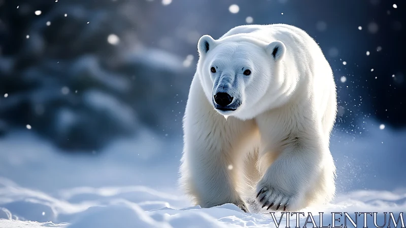 Snow realm monarch strides through glittering arctic hush.