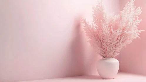 Monochrome pastel vase with volumetric pink pampas plumes.