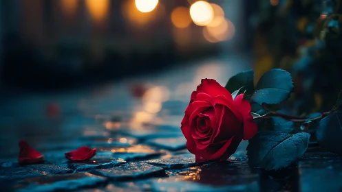 Single red rose on wet cobblestones at night street.