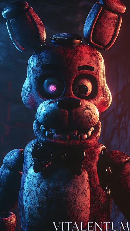 Rustic red animatronic rabbit under ominous neon lighting.