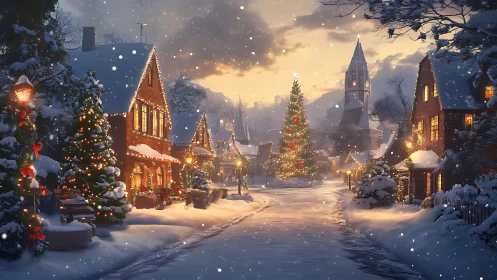 Cozy snowlit village wrapped in twinkling holiday lights.