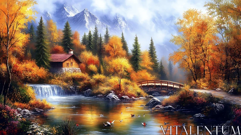 Autumn riverside cabin with bridge and distant snowy peaks.