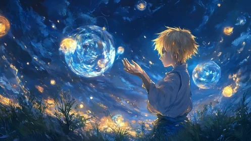 Starlit boy gently cradles glowing orbs in a dreamy sky
