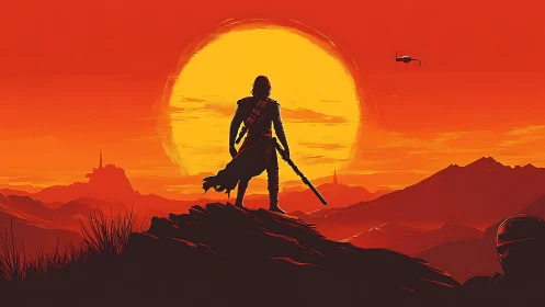 Solar-bleached warrior silhouette on extraterrestrial ridge line.