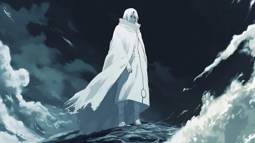 Solitary cloaked figure stands on rocky peak amid storm clouds