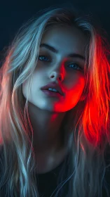 Portrait shows young woman in blue and red dramatic lighting
