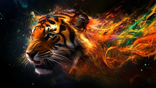 Cosmic Ember Tiger Roars Through Neon Starlit Darkness.
