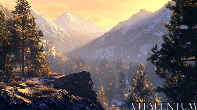 Sunlit conifer forest below distant snowy mountain peaks.