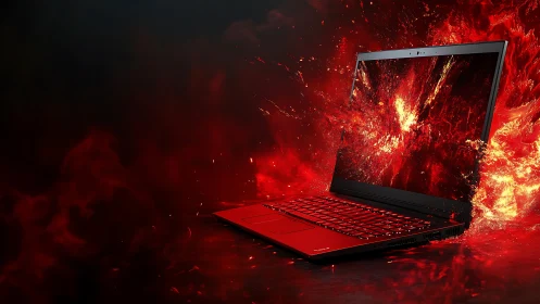 Red gaming laptop rendered with explosive fiery particle burst