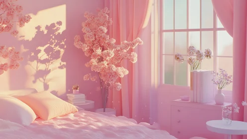 Soft pink bedroom with cherry blossoms and diffused sunrise light