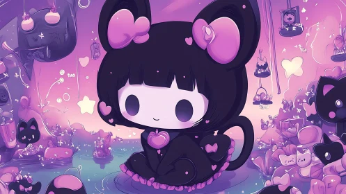 Kawaii gothic cat girl in pastel purple fantasy landscape.