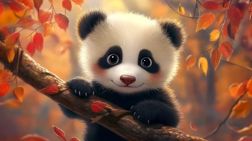 Baby panda grips autumn branch with soft glowing light