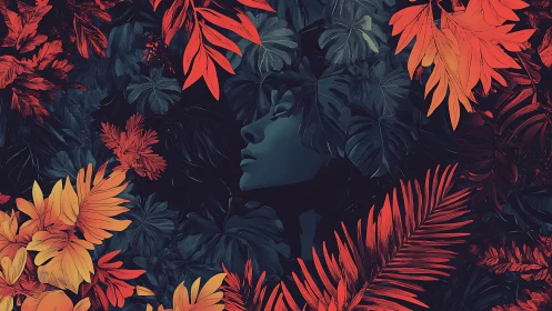 Midnight jungle muse resting beneath ember bright leaves.
