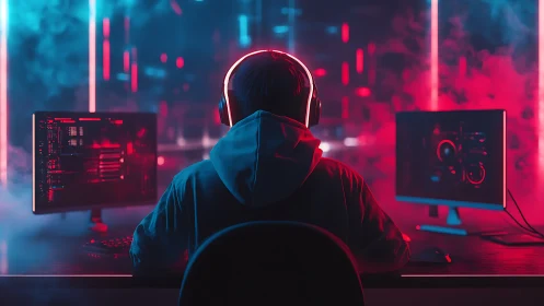 Gamer at dual monitors in neon red and blue setup.