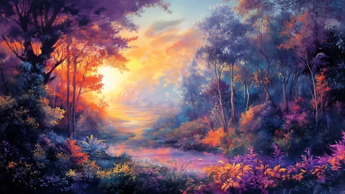 Luminous spectral forest corridor with volumetric sunrise glow.