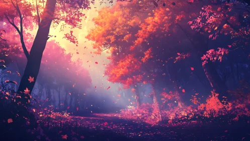 Autumn Forest Pathway Illuminated by Golden Light.