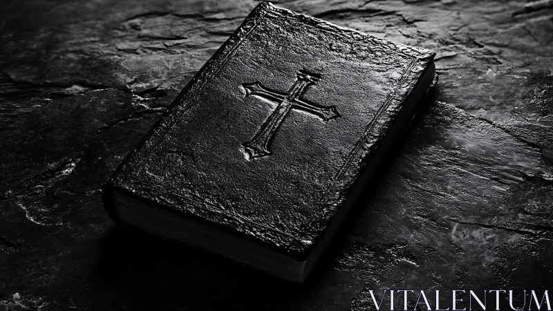 Black leather Bible with embossed cross on stone surface.
