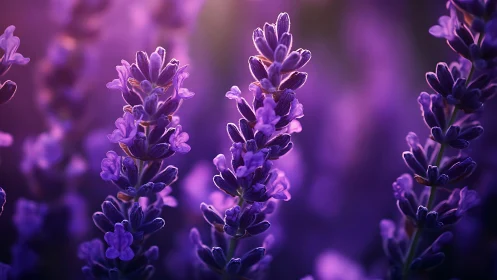 Purple Lavender Blooms Glowing in Soft Bokeh Light.