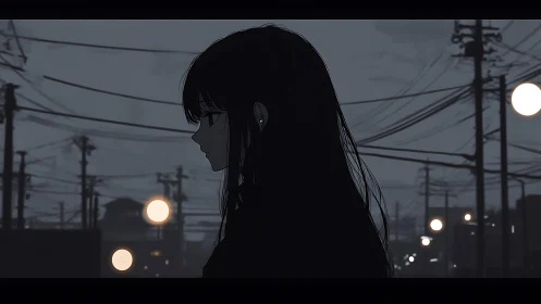 Girl walks through dim urban street under tangled wires