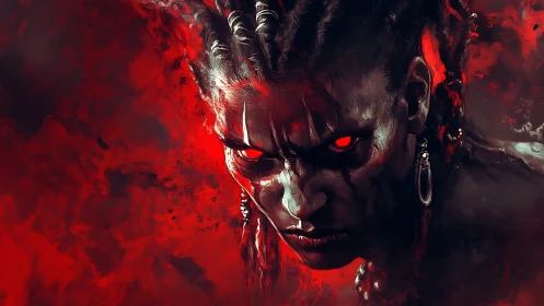Demonic warrior portrait stares forward with glowing red eyes
