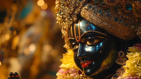 Gleaming Krishna idol rendered in rich bokeh-lit close-up