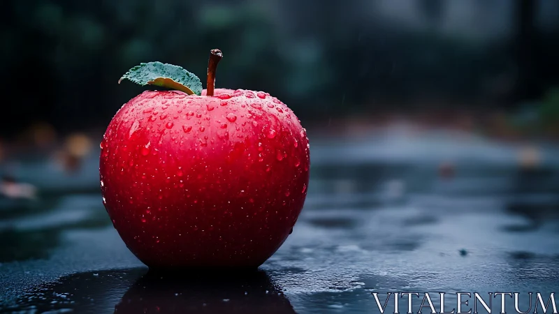 Rain kissed crimson apple poised on a moody pavement.