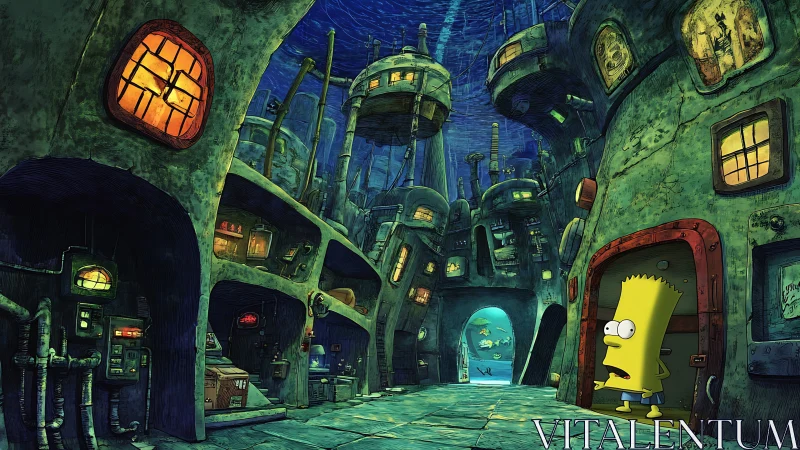 Bart stands in flooded sci fi alley of curved buildings