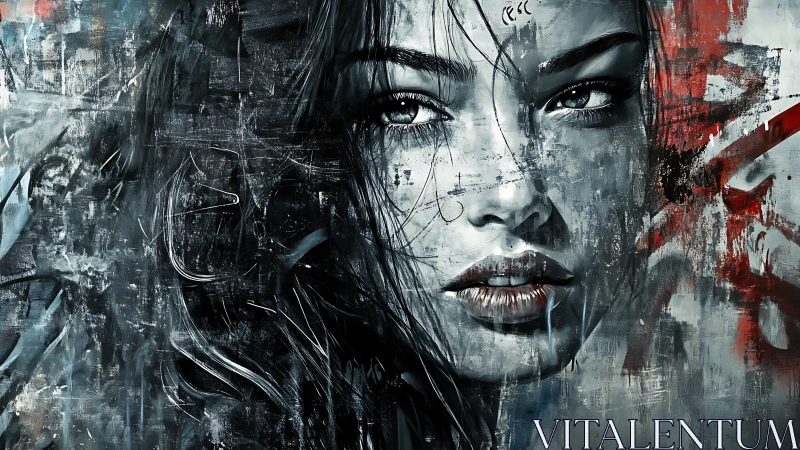 Monochrome female portrait with abstract textured overlay.