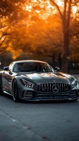 Sunlit sports car glides under warm autumn trees with grace