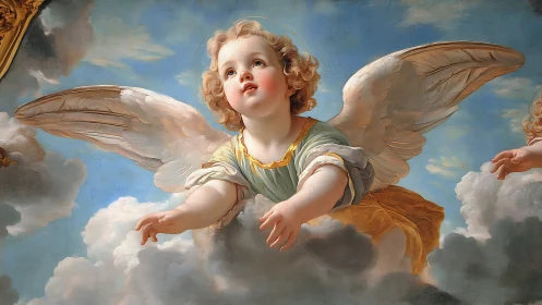 Radiant cherub soaring through luminous baroque heavens.