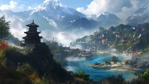 Misty pagoda above turquoise river and snow peaks.
